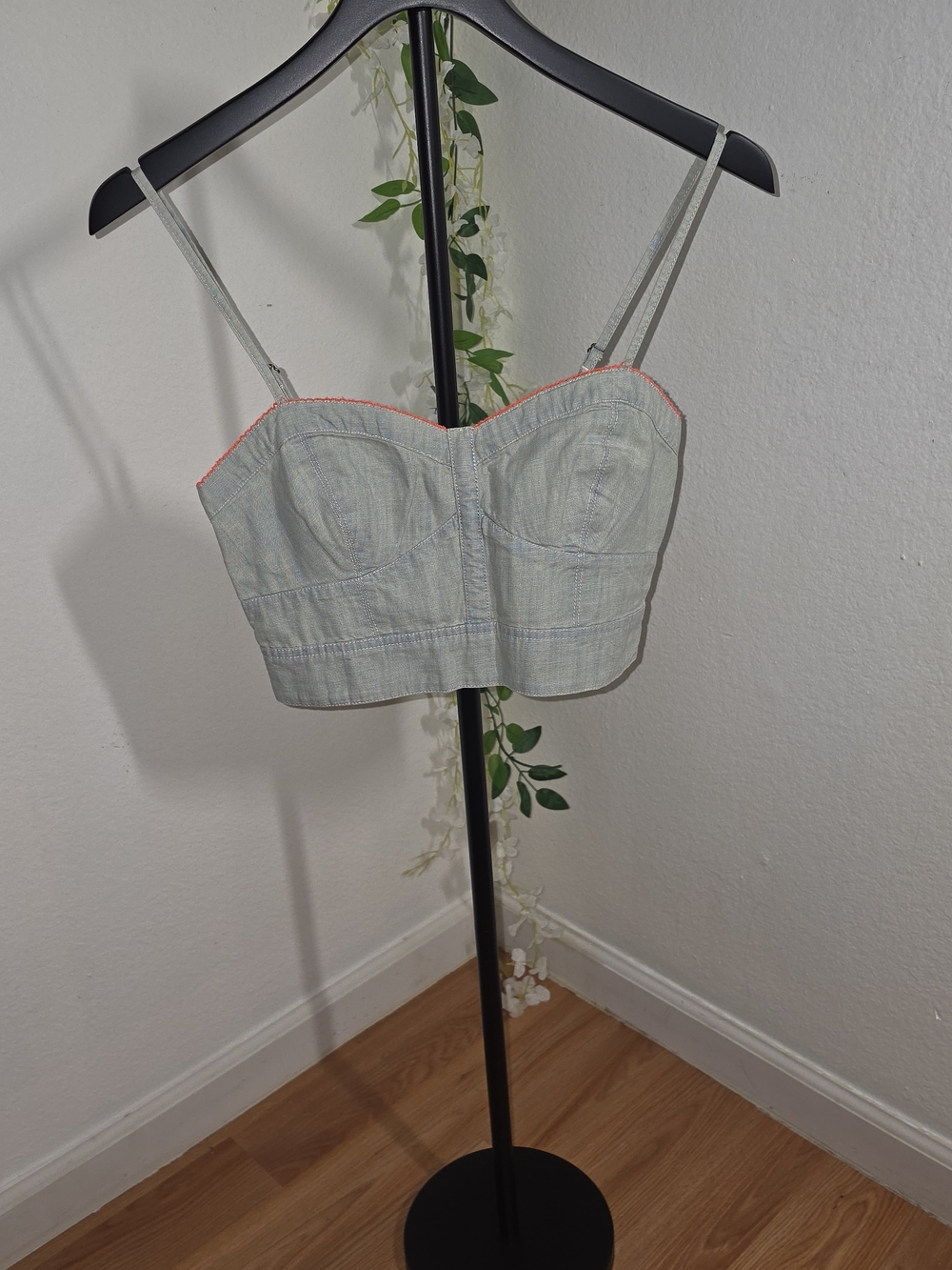 American Eagle Outfitters Light Wash Denim Bustier Top with Coral Trim